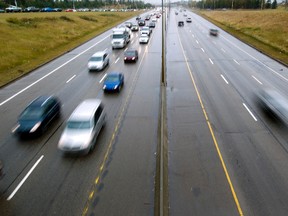 Traffic moves along Whitemud Drive at Wayne Gretzky Drive during rush hour in Edmonton, Alberta on Friday, October 12, 2012. Edmonton was ranked the second least congested city by the TomTom North American Congestion report  AMBER BRACKEN/EDMONTON SUN/QMI AGENCY