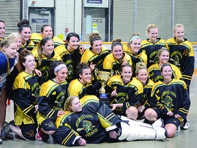 The Junior A Lady Titans pose for a group victory shot after defeating Junior B champion Calgary Cardinals 7-1 in the Rocky Mountain Lacrosse League title game on Sunday, July 7. Steven Wagers/Sherwood Park News/QMI Agency