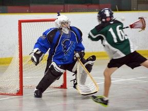 Blue Devils Peewee A goalie Owen Dew stops a Windsor breakaway Sunday afternoon. CHRIS ABBOTT/TILLSONBURG NEWS