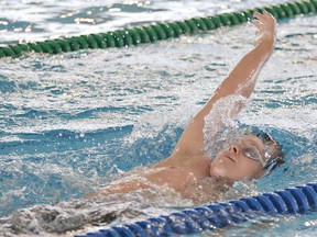 Tanner Robinson, age 15 of the Brantford Aquatic Club warms up late Sunday afternoon, July 7, 2013 prior to competing in the 200-metre back stroke at the finals of the Swim Ontario Long Course Provincial Championships at the Wayne Gretzky Sports Centre in Brantford.  Robinson placed fourth in the 200-metre butterfly on Saturday night.BRIAN THOMPSON/BRANTFORD EXPOSITOR/QMI Agency