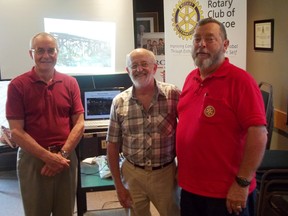 CHRIS THOMAS Special to Simcoe Reformer
Lynn Valley Trail Association members Gord Pennington, left, and Dave Challen outlined repair plans to Thor Olsen of the Simcoe Rotary Club on Monday.