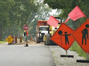 Maple Avenue South, just south of the 12th Concession is reduced to a controlled single lane for motorists as the County of Brant carries out road work. It is one of a number of projects either being undertaken or contemplated by the county. (BRIAN THOMPSON The Expositor)