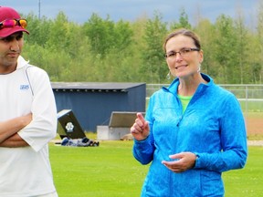 Mayor Melissa Blake (R) speaks at the inauguration of the new cricket field in Timberlea last  Saturday while Fort McMurray Cricket Association vice president Irfan Bangash (L) looks on. SUPPLIED PHOTO