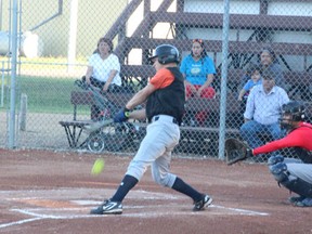 Josh Rae of the Melfort EP 3000s made contact during Game 1 of the teams doubleheader with James Smith on Wednesday, July 3.