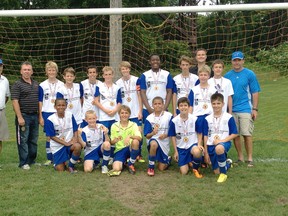 Contributed Photo
The Simcoe FC U13 Falcons claimed gold at the St. Thomas Soccer Select Boys U11-U18 Tournament held July 6 and 7. Pictured are, front row:  Colin Elvie, Anthony Marrazo, Riley Pinkney, Trey Jackson, Isaac Borges and Lawin Hashim. Back row:  coach Gerry Dertinger, coach Joe Pacheco, Ben Wernaart, Isaac Macaulay, Issac Berta, Luke Erauw, Mitchell Barker, Alex Ford, Tyler Wight, Nolan Rankin, team manager Jeff Erauw, coach Connor Rankin and coach Frank Rankin.
