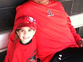 St. Thomas native Craig Nicholson with five-year-old daughter Payton in the dugout after a game at Ball State. Nicholson is taking over now as head softball coach of the Arizone State Sun Devils. (Contributed photo)