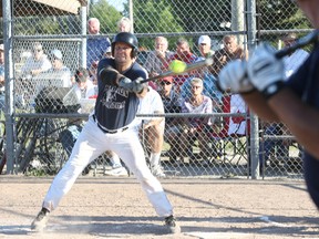 A Toronto Indians hitter gets the bat on the ball during the ‘AA’ division championship game at Troy Field last September. Twenty-six teams were in the city for the tournament last year. The World Oldtimers Fastball Tournament is moving to the Legion baseball diamonds in Callander this year after being a North Bay Labour Day weekend tradition for the past 26 years.