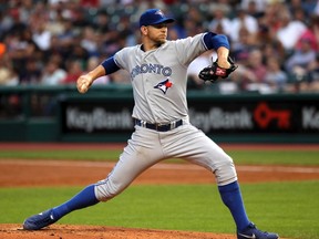 Toronto Blue Jays starter Josh Johnson pitches during MLB action against the Cleveland Indians in Cleveland, July 9, 2013. (REUTERS/Aaron Josefczyk)