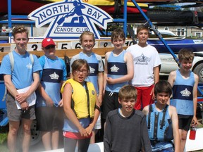 North Bay Canoe Club Sprinters competing at the Gananoque River, Saturday, included, from back left, coach Adam Arthurs, Sean Cazabon, Jericho Whale, William Hotson and assistant coach Spencer Smith. In front, from left, Alexxia Cazabon, Justin Smith and Max Kerrigan.