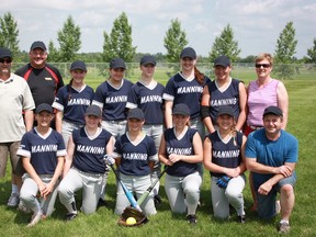 Back row: Grant Gulka (Asst. Coach), Dave Allan (Head Coach), Emily Lyseng, Ashley Evanoff, Paige Gulka, Kaila Wiebe (Fairview), Jasmine Allan, Fay Allan (Manager).
Front row: Chaya Paul, Dolsey Henitiuk, Danica Ostrowski, Raelle Kinnee (Fairview), Natasha Jonk, Eric Henitiuk (Asst. Coach). (Photo courtesy Dave Allan)