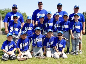 Contributed Photo
The Simcoe Good Humor Breyers Rookie Select Giants recently placed second at the  West Mountain Baseball Classic. Pictured are, front row: Mike Walker, Aiden Cloet, Clark Leman, Andrew Auld and Jeryn Shortt. Middle row: Dylan Courrier, Alexis Van Netten, Cameron Van Netten, Hendrik Vandermeer, Alex Auld, Ryan Van Netten and Zach Price. Back Row: coaches Adam Walker, Brian Auld, Kevin Van Netten and Kristine Courrier.