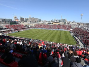 An overview of BMO Field during a Toronto FC MLS game.