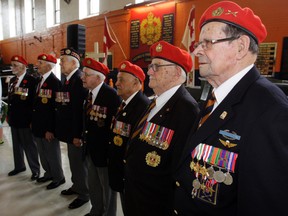 Second World War veterans of the Hastings and Prince Edward Regiment line up at the Belleville Armouries Wednesday. From front to back are George Wright and George Swoffer of Picton; Austin Fuller of Tyendinaga Mohawk Territory; Doug Buck of Bayside; 48th Highlander Herb Pike of Toronto; Bob Wigmore of Belleville; and Ivan Gunter of Bancroft.