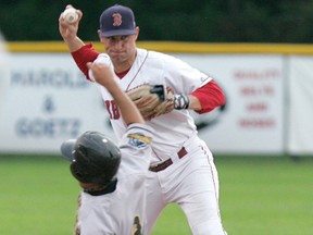 Brantford Red Sox shortstop Lee Delfino sets in to turn the double play as Kitchener Panthers' Iggy Villalobos attempts to break it up Wednesday, July 3, 2013 during Intercounty Baseball League action at Arnold Anderson Stadium. (DARRYL G. SMART Brantford Expositor)