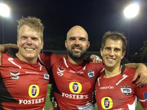 Eric Moyer, Christian Miller and Steve Piatek helped lead their Canada Rugby League team to a 36-20 in over the USA Tomahawks in Toronto. (Submitted Photo)