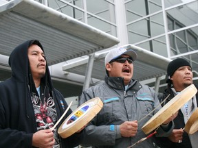 Drummers from First Nations communities across northern Alberta perform ceremonial songs outside MacDonald Island Park last year. The Athabasca Chipewyan First Nation attended hearings at the island, arguing that the community has not had a fair opportunity to voice concerns regarding Shell’s Jackpine Mine expansion. VINCENT MCDERMOTT/TODAY FILE PHOTO