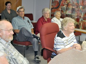 Five members of the Poplar Point Seniors centre appealed to the Rural Municipality of Portage la Prairie council Tuesday morning. Pictured at the table are Ken Tully and Marie McQuiston, with Don Smith, May Tully and Eveyln Smith. (CLARISE KLASSEN/PORTAGE DAILY GRAPHIC/QMI AGENCY)