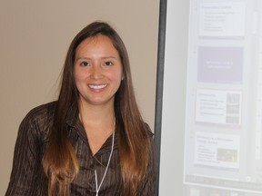 Natalia Lesmes was one of the graduate student presenters at Western Sarnia-Lambton Research Park on July 11, 2013. Lesmes made a presentation about her research, which concerns finding more cost-effective methods for biodiesel processes. LIZ BERNIER/ THE OBSERVER/ QMI AGENCY
