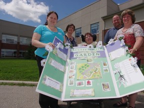 Employees and residents of Woodingford Lodge show off plans to turn a uninspiring green space into a accessible garden for visitors and residents. From left Jennifer Beattie, Corrie Fransen, Judy Crane, Mark Stegmann and Heather Hamilton.  HEATHER RIVERS/WOODSTOCK SENTINEL-REVIEW