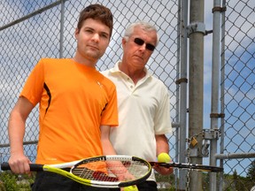 Richard Miller (left) and his stepfather Mike Gvildys next to the locked gate at the West Hill tennis courts in Owen Sound. The pair play tennis regularly and enjoy the facility. (DENIS LANGLOIS/QMI AGENCY)