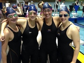 From left are Cornwall Sea Lions girls 15-and-over relay team swimmers Emilie Contant, Alexandra Nurse, Claudia Duguay and Alexandra Lecky, all medal winners at the East Coast Long Course Championships in St. John's, Newfoundland.
Submitted Photo