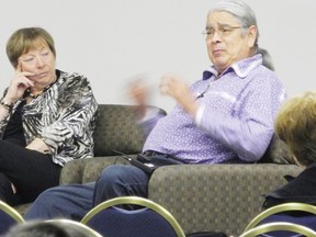 Shirley Deugo and Henry Lickers speak during a panel on preserving maple farms on Thursday, which kicked off the Ontario Maple Syrup Producers Association three-day conference held at the NAV Centre this weekend.
Staff photo/CHERYL BRINK