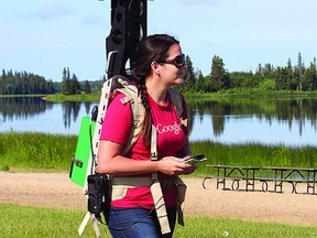 A Google empoyee wearing the Trekker device.