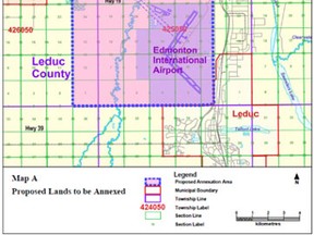 The southwest portion of the Leduc County lands Edmonton is looking to annex.