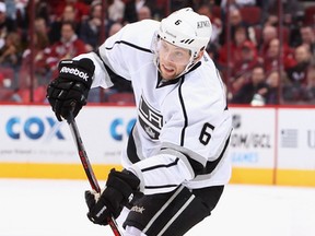 Los Angeles Kings defenceman Jake Muzzin fires a shot on net that ended up being his first NHL goal against the Phoenix Coyotes Jan. 26, 2013. Muzzin signed a two-year deal with the Kings last Friday after he had abreakout season. The 24-year-old earned the NHL Rookie of the Month Award in March and had seven goals and nine assists in 45 regular season games. He added three assists in 17 playoff games.(QMI Agency file photo)