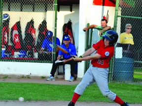 Brockville Little League Major A Braves' Matt Donovan makes contact during Friday night's game against Cornwall at Brackinreid Park. The Braves fell 13-3 and face Kemptville today in a must-win District 7 playoff game. (STEVE PETTIBONE The Recorder and Times)