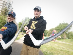 Kyla Crouse, 17,  and her brother, Lawson, 16, are both headed to Kingston to play hockey this fall — Kyla for the Queen’s University Golden Gaels women’s team and Lawson for the Ontario Hockey League’s Kingston Frontenacs. The siblings pose in Piccadilly Park in London, Ont. (Craig Glover/QMI Agency)