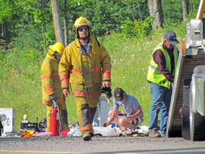 Firefighters and other emergency personnel respond to what appeared to be a serious accident late Saturday afternoon on the Mile Hill, north of Sault Ste. Marie.