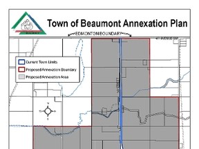 The above diagram shows Beaumont's annexation plans for Leduc County land (submitted). The City of Edmonton currently has plans to annex land within the same area.