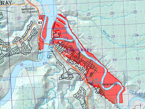 A map showing flood risk areas in the Fort McMurray region. Dark red areas are floodways, where the province will seek to limit new development, and light red areas are flood fringes, where homeowners will need to take one-in-100 flood mitigation measures to be able to qualify for future funding. ALBERTA GOVERNMENT GRAPHIC