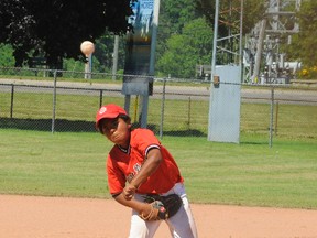 Jacob Foster pitched in relief for the Port Dover Mosquito Sailors in the final game of their hometown tournament final on Sunday afternoon. Port Dover defeated Tillsonburg to win the tournament. (DANIEL R. PEARCE Simcoe Reformer)