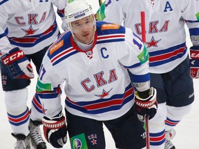 SKA St. Petersburg's Ilya Kovalchuk skates with team mates during their Kontinental Hockey League (KHL) game against Dynamo in Moscow September 23, 2012, during the NHL lockout. (REUTERS)