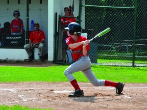 Ben Blair of the Brockville Braves Major 'A' team takes a cut during Sunday's District 7 playoff game against Cornwall. Cornwall won 15-3, elminating the Braves from contention for provincials. (STEVE PETTIBONE The Recorder and Times)