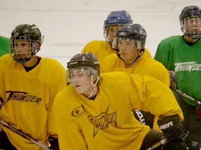 Participants in the Drayton Valley Thunder summer training camp held in Calgary the first weekend of July listen to instructions.