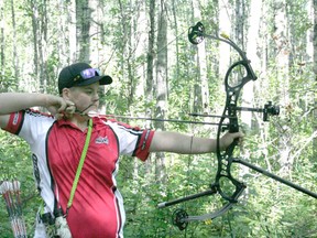 Teagan Tychkowsky sets his sights on the bull’s-eye at the Outdoor 3D Provincial Archery Championships July 13. This year’s provincials were hosted by the Brazeau Bowbenders Archery Club on its newly-redesigned range, which includes challenging courses that use the terrain and nature to create unique, tricky shots for archers.