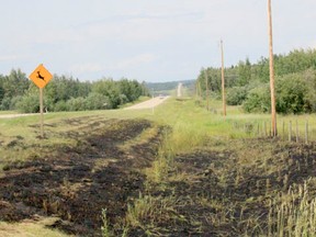 Spot fires reported to the Drayton Valley/Brazeau County Fire Services on July 9 were extinguished, but left the ditch charred.