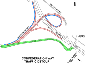 A map showing the closure on the Confederation Way overpass. The four-lane detour goes along the path marked in green, ending in a traffic-light intersection on Highway 63. ALBERTA TRANSPORTATION GRAPHIC