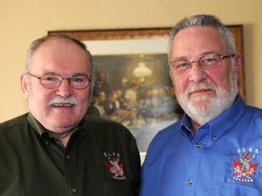 Elizabeth McSheffrey/Daily Herald-Tribune
Elks Canada outgoing and incoming Grand Exalter Rulers Robert Larsen (left) and Jim McLeod will lead the organization’s national convention in Grande Prairie from Tuesday to Thursday, at the Evergreen Park TEC Centre. The society leaders say modernizing the traditional, 101-year-old brotherhood will be a defining challenge in the years to come.