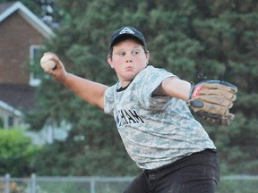 Owen Koot is a rookie pitcher for the Washington Senators peewees. Koot had his hands full against the Port Dover peewees Monday night at Misner Field in Port Dover. (MONTE SONNENBERG Simcoe Reformer)