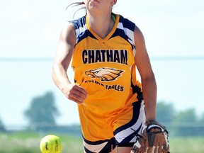 Chatham Golden Eagles' Aliyah Whiteye pitches during a 5-2 win over the Brampton Blazers in the bantam bronze-medal game Sunday in the Summer Gold girls softball tournament at Thames Campus Park. (MARK MALONE/The Daily News)