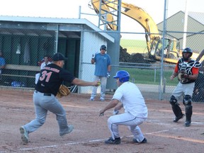Todd Desaulniers of the Melfort EP 3000s has a member of the Prince Albert Blue Jays caught in a run down during Melfort’s 9-6 loss to the Blue Jays on Wednesday, July 10 at Spruce Haven Ballpark.
