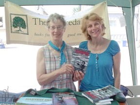 Barbara Aggerholm was in Port Elgin to launch her book “Stowaway in the White Hurricane,” Wednesday. Aggerholm visited the Bruce Dale Press booth at the BIA market to promote her new novel which recounts the Great Storm of 1913 on the Great Lakes. Pictured: Aggerholm with Anne Judd of Bruce Dale Press.