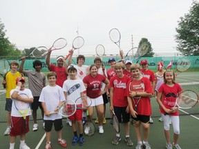 Lakeshore Recreation runs a tennis program Monday to Friday, however, Fridays are their “Friday Funday” where the kids dress up for different themes each week. Pictured  are the kids dressed in their Canada Day attire. Back row (left to right) Sam Nusselder, Rayhaan Ahmed, Utsab Roychowdhury, Dave Contentinescu ( instructor), Harrison Alvarez, Brendan Morano, Hayden Duplantis, Jack Drury and Grace Alvarez. Front row: Rishab Roychowdhury, Luc Nusselder, Christian Perico, Sarah Wolf ( instructor), Nicholas Pehme, William Charlebois and Jamie Miller.