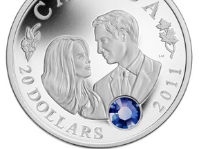 A $20 pure silver coin, with a sapphire-coloured crystal embedded in it, struck by the Royal Canadian Mint to mark the wedding of Prince William and Catherine Middleton is one of the mint's many artistic creations.