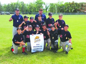 The Portage Pirates peewee 'A' team won the peewee 'A' provincial championship in Altona July 14.
Front row: (L-R) Hunter Novak, Tanner Boyle, Logan Calder, Matt Boychuk, Garrett Maly, Joey Moffatt; middle row (L-R) Logan Rands, Ben McCartney, Max Neill, Cody Williams, Matt Tompkins; back row: Coaches (L-R) Blaine Boyle, Shane Moffatt; missing from picture: Dalton Campbell (submitted photo)