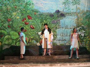 God (centre), as played by Joshua Pride, introduces Adam (Nick Boegel, left) and Eve (Cecilia Mogan, right) into the beautiful Garden of Eden during rehearsals for the Summer Challenge production of Children of Eden, which runs Thursday to Saturday.
